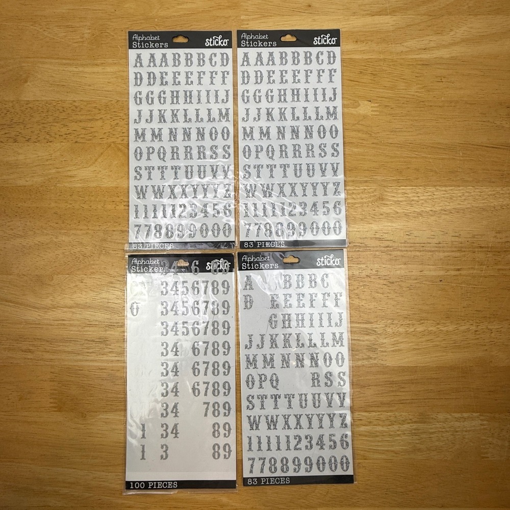 Sticko Alphabet Stickers Carnival Silver Glitter Letters Numbers Lot‎ 4 Sheets